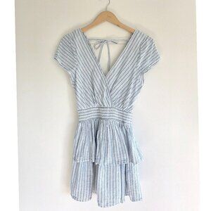 American Eagle Coastal Blue Stripe Tiered Mini Dress Wrap Front Tie Back